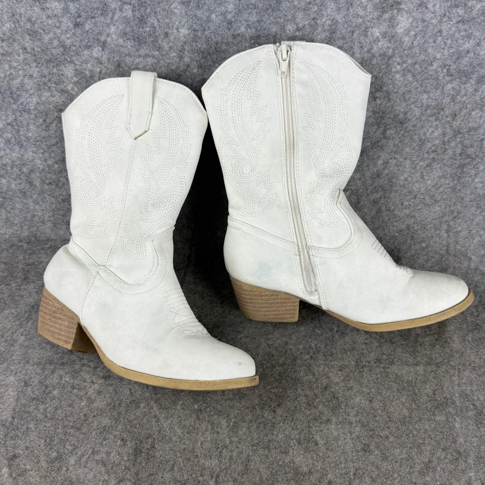 Kids White Western Cowboy Boots Faux Leather Side Zip Size 1M